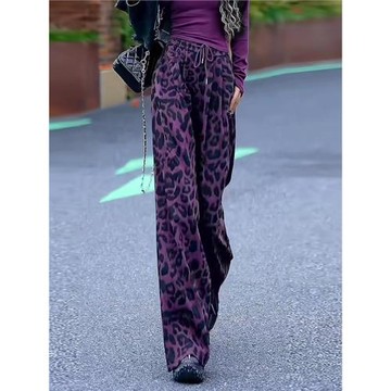 (免運)香鉆時尚炸街豹紋紫色闊腿褲女2025年新款辣妹顯瘦氣質個性休閑