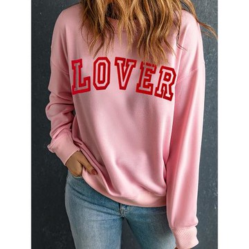 2025春季新款套頭圓領長袖上衣女歐美休閑風時尚印花女士落肩衛衣