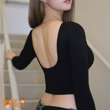 EASY SHOP-Banana Pie-BRA TOP-刷毛挖背長袖BRA TOP-墨黑
