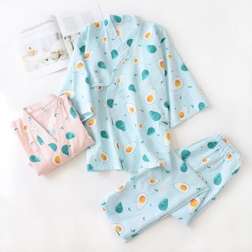 新 春夏純棉梭織雙層紗布 女款七八分袖長褲睡衣和服浴衣套裝2-1