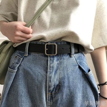 華隆 簡約風方扣腰帶男女通用寬皮帶女Chic學生韓國時尚ins褲帶百搭黑