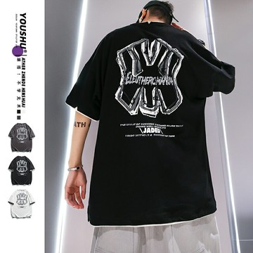 假兩件短袖男夏季歐美潮牌高街oversize寬松潮流涂鴉五分半袖t恤