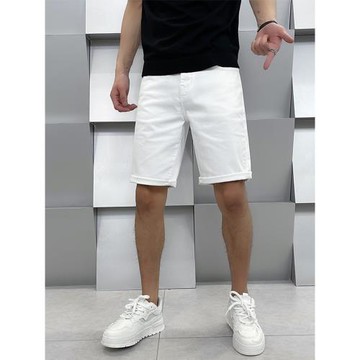 歐美高端潮牌簡約白色輕奢牛仔短褲男士五分修身直筒潮流百搭中褲