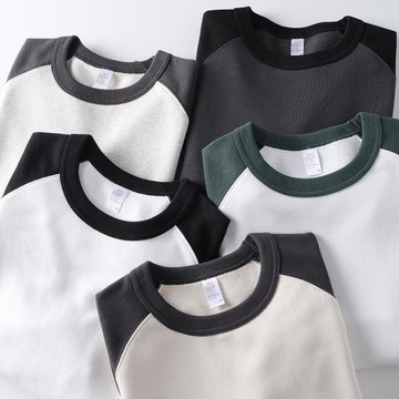 美式復古 插肩袖重磅毛圈布馬鞍肩滾領衛衣 阿美咔嘰撞色拼接上衣