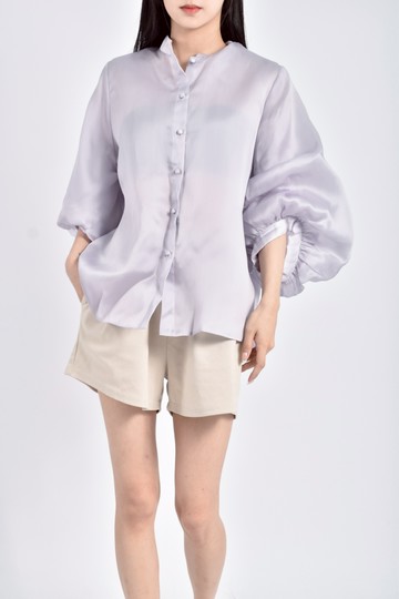 (L) essential by cja質感桑蠶絲泡泡袖排扣淺紫色短袖上衣