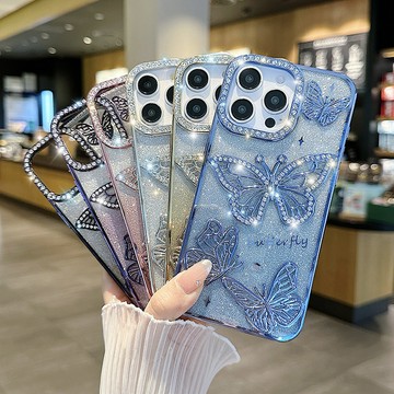 漸變閃粉蝴蝶適用於iPhone16電鍍手機殼15proMax透明全包蘋果14防摔軟硅膠13可愛個性12鑲鑽11保護套