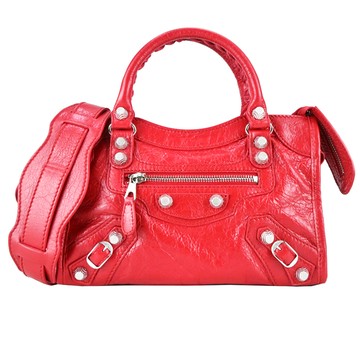 BALENCIAGA 巴黎世家Giant Mini City 大銀扣小羊皮手提/斜背包(紅)