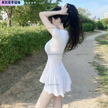 夏季新款 女裝150公斤大尺碼女裝修身舒適顯身材女人味顯腰身荷葉邊短袖連身裙短裙大尺碼女裝洋裝連身裙禮服裙
