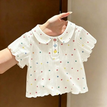 Mimo⭐夏季卡通女孩兒童寶寶可愛娃娃領木耳卷邊短袖T恤polo衫上衣
