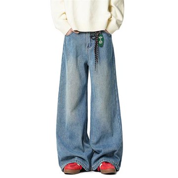 美式復古水洗直筒牛仔褲男冬季潮牌新款高街百搭寬松闊腿休閑長褲