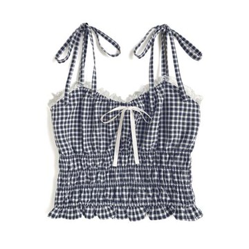 GRL日系新款甜美蝴蝶結系帶司馬克修身短款格紋吊帶背心tg838