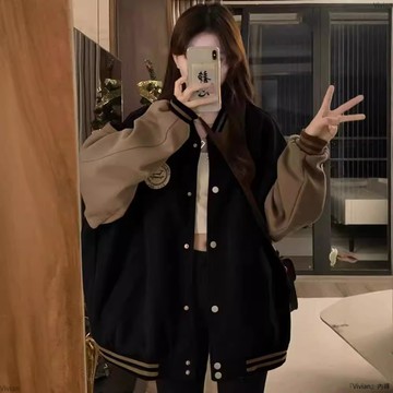 加絨加厚繡花圖案女式棒球服美式ins冬季vintage學生寬鬆外套
