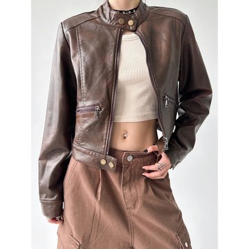 2025春秋新款韓版復古棕色做舊色立領寬松短款皮衣皮夾克外套女潮