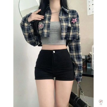 🎈流行女裝🎈青黑色格子短款襯衫外穿女2023夏季新款韓系時尚寬鬆顯瘦百搭襯衣