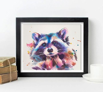 浣熊水彩畫多彩動物藝術浣熊插畫原創