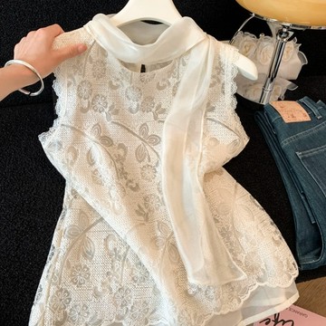【小歡喜Little Joy】夏季新款小香風設計感蕾絲刺繡無袖假兩件背心上衣女