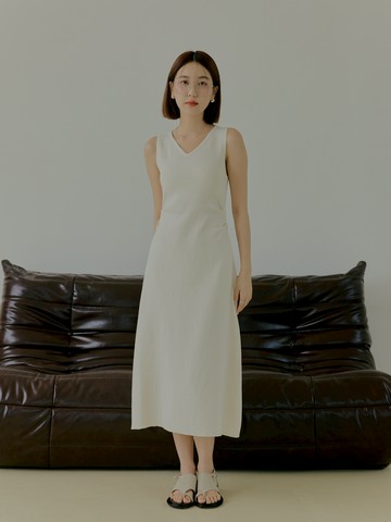 V領側抓褶顯瘦長洋