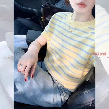多巴胺黃色條紋圓領針織短袖T恤女款夏季巨好看獨特漂亮上衣 短袖t恤 短袖上衣 氣質上衣 設計感上衣 韓版上衣