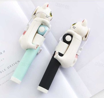 貓咪自拍棒線控可愛蘋果安卓Android手機通用夾式伸縮摺疊不銹鋼可旋轉-藍/粉/黑/綠【AAA2300】