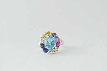 天然藍黃玉鑲嵌天然寶石 925 純銀戒台 鍍白金 戒圍 56