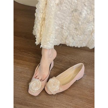 2025春季新中式玫瑰花優雅方頭單鞋女粗跟淺口套腳奢華低中跟瓢鞋