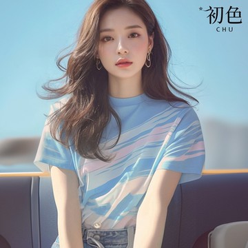 初色 韓系圓領刷色印花寬鬆休閒短袖上衣女上衣-藍色-35836(M-2XL可選)