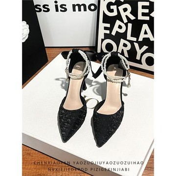 一字帶中空高跟鞋女2025年新款法式黑色百搭尖頭顯瘦氣質包頭涼鞋