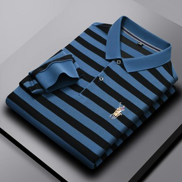 【新款熱賣】男裝 重磅秋季新款男休閑商務翻領長袖刺繡條紋現貨POLO衫