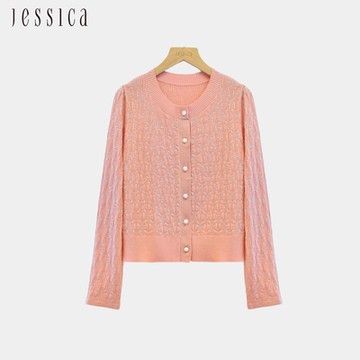 JESSICA - 氣質百搭圓領素色緹花羊毛針織外套（粉）J44402