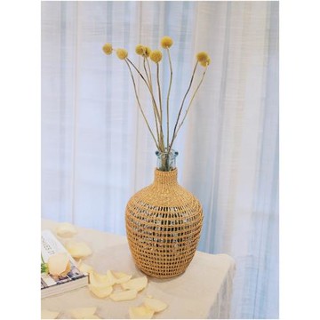 大肚玻璃花瓶法式插花擺件快樂星球中式圓形花盆稻草工藝編織花籃