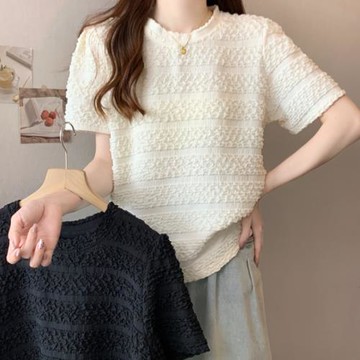 大碼女裝胖妹妹自留款推薦~法式洋氣泡泡褶皺修身別致短袖t恤女夏