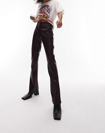 Topshop faux leather clean flared trouser with welt pockets in burgundy