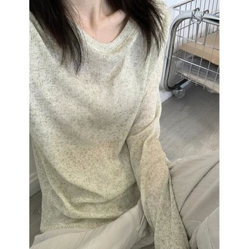 37 Beautiful 美式簡約微透感針織衫女秋季圓領百搭薄款長袖上衣
