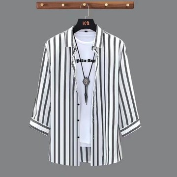 豎條紋冰絲襯衫男中袖七分袖短袖2025春夏季新款五分韓版潮流襯衣