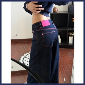 WYZ粉線撞色丹寧闊腿牛仔褲女2026夏季新款高腰寬鬆顯瘦垂感百搭長褲