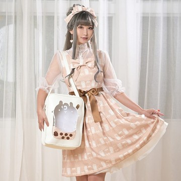 插畫印花│日系可愛無袖收腰連身裙│蘿莉塔│Lolita│珍珠奶茶