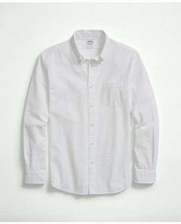 Brooks Brothers Men's Washed Cotton Seersucker Button-Down Collar Sport Shirt | White | Size Medium