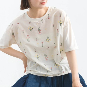 日本 Lupilien - 唯美刺繡舒適棉短袖上衣-花卉-米白