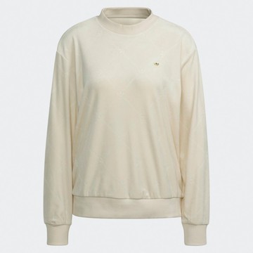 Adidas 女裝 長袖上衣 T恤 天鵝絨 菱格紋 金屬標 米【運動世界】H18044