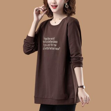 中年純棉加絨衛衣女春秋2021年新款中長寬松大碼媽媽無帽洋氣上衣