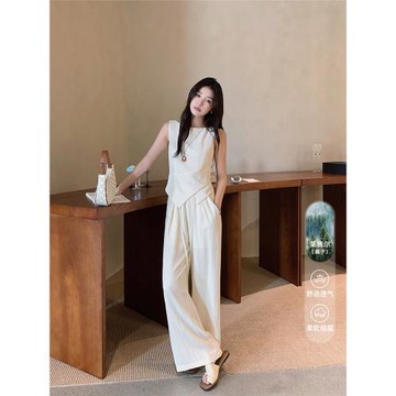 島歌夫人法式氣質天絲套裝夏女設計感小眾闊腿褲仿棉麻亞麻兩件套