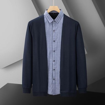 胖胖春秋季大碼開衫衛衣男胖子加肥加大寬松顯瘦假兩件條紋襯衫潮