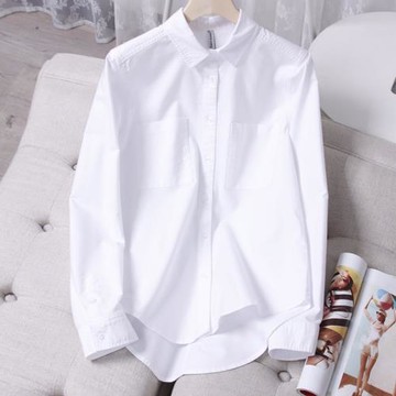 2022春裝新款歐美時尚休閑純棉白襯衫女百搭顯瘦牛津紡品質襯衣潮
