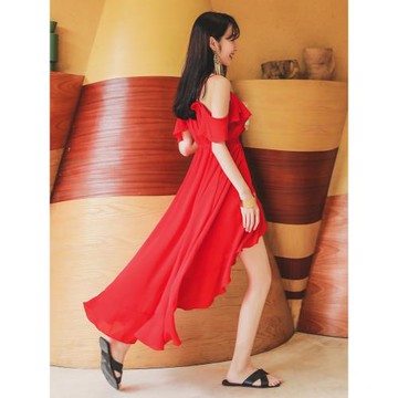 2025新款超仙顯瘦三亞旅游大紅色連衣裙海邊度假沙灘裙女沙漠長裙