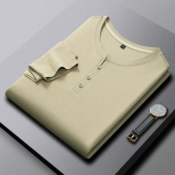 【新款熱賣】新款紐扣領男士t恤純色中山領高檔中青年休閑保暖秋衣內搭打底衫a