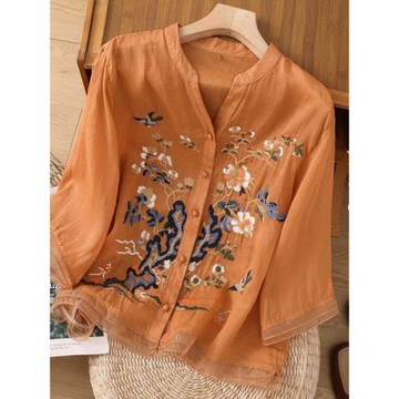 2025年新款春夏季時尚中袖國風刺繡棉麻襯衫女中老年媽媽洋氣上衣