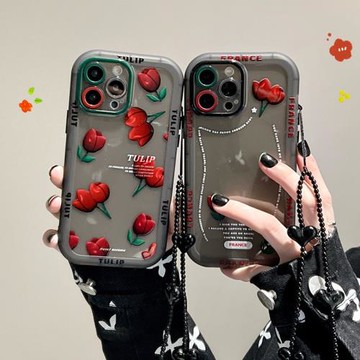 奢華女款蘋果15promax手機殼郁金香iphone15pro花朵14plus送手鏈掛繩12pm透黑新款適用12por保護軟硅膠13女款