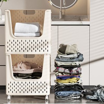 OAK&FIR 可折疊 多功能移動收納筐 2層 奶油黃36 *25 * 73cm,