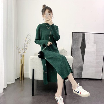 針織連衣裙女秋冬2020年新款氣質長款收腰顯瘦內搭開叉打底毛衣裙