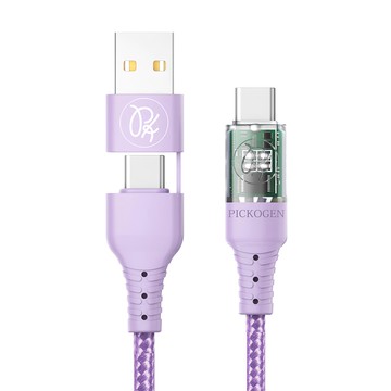 PICKOGEN 皮克全 二合一 Type-C/USB-A-Lightning PD充電線傳輸線 智能斷電 三色LED呼吸燈 尼龍編織線  1.2m  紫色  1條